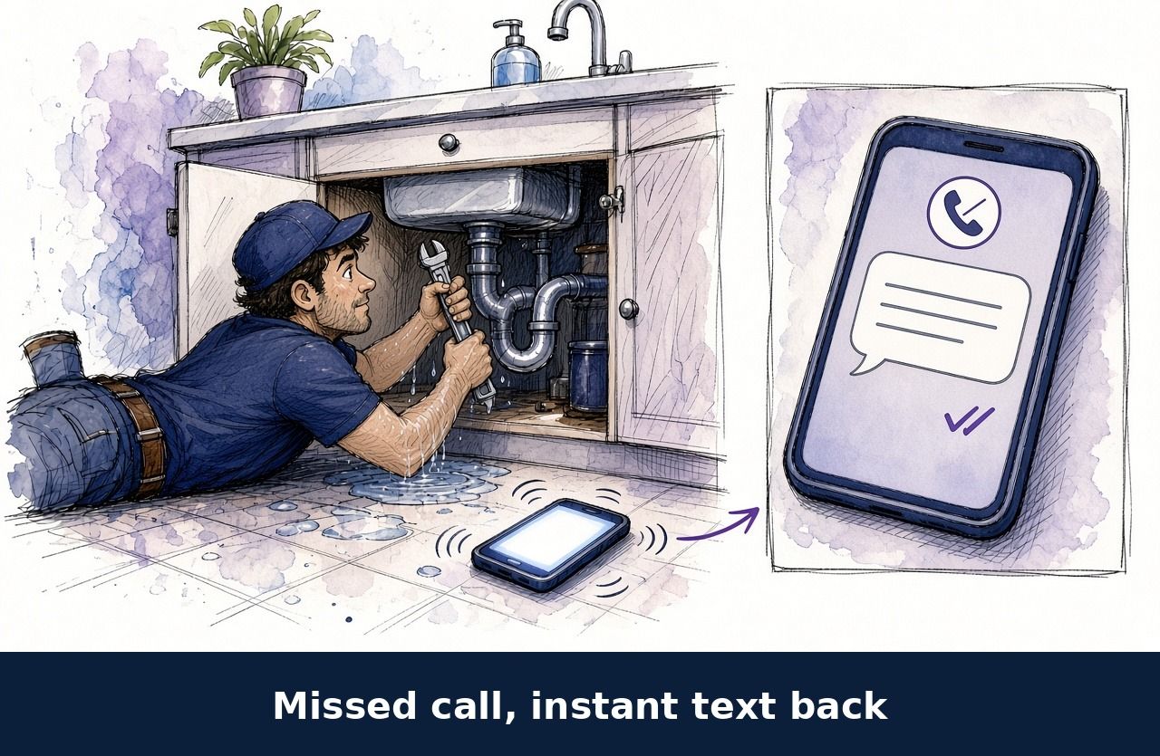 Sketch of a plumber working under a sink while his phone rings on the floor, next to a phone screen showing a text sent back to the caller