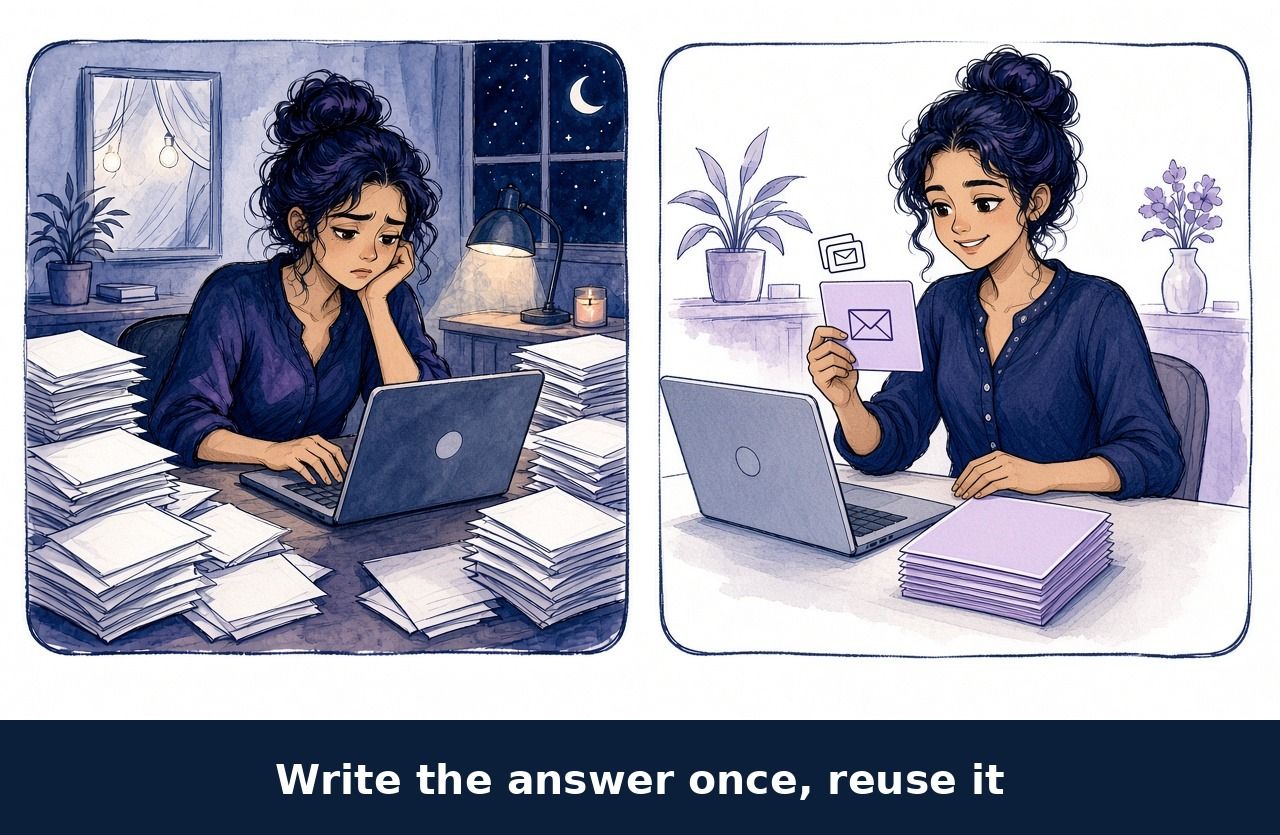 Sketch of an owner buried in repeat emails late at night, next to the same owner calmly sending a saved reply